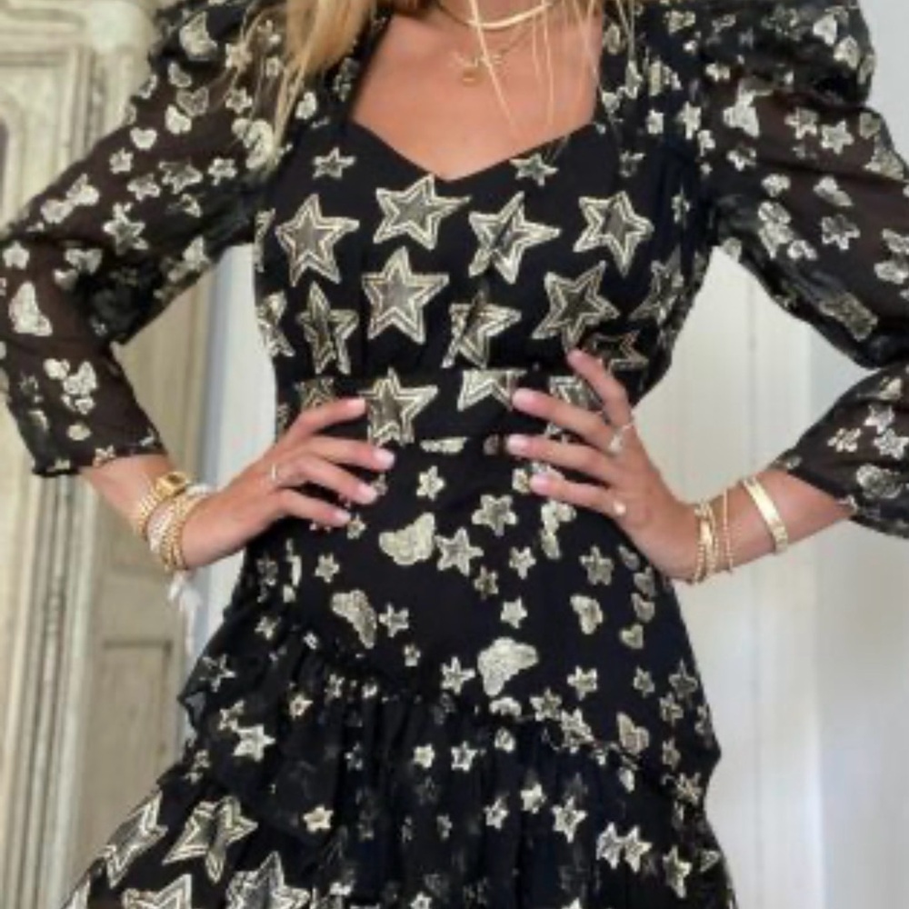 Love Shack Fancy Black and Gold Star Patterned Dress